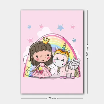 Canvastavla 70x100 cm - Söt prinsessa med en enhörning under en regnbåge - Rosa / Vit / Guld - Inredning - Tavlor & posters - Canvastavla