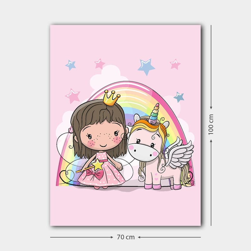 Canvastavla 70x100 cm - Söt prinsessa med en enhörning under en regnbåge - Rosa / Vit / Guld - Inredning - Tavlor & posters - Canvastavla