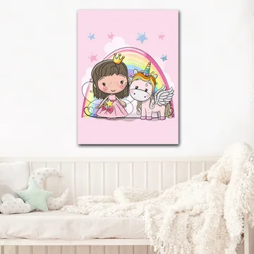 Canvastavla 70x100 cm - Söt prinsessa med en enhörning under en regnbåge - Rosa / Vit / Guld - Inredning - Tavlor & posters - Canvastavla
