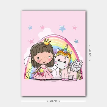Canvastavla 70x100 cm - Söt prinsessa med en enhörning under en regnbåge - Rosa / Vit / Guld - Inredning - Tavlor & posters - Canvastavla
