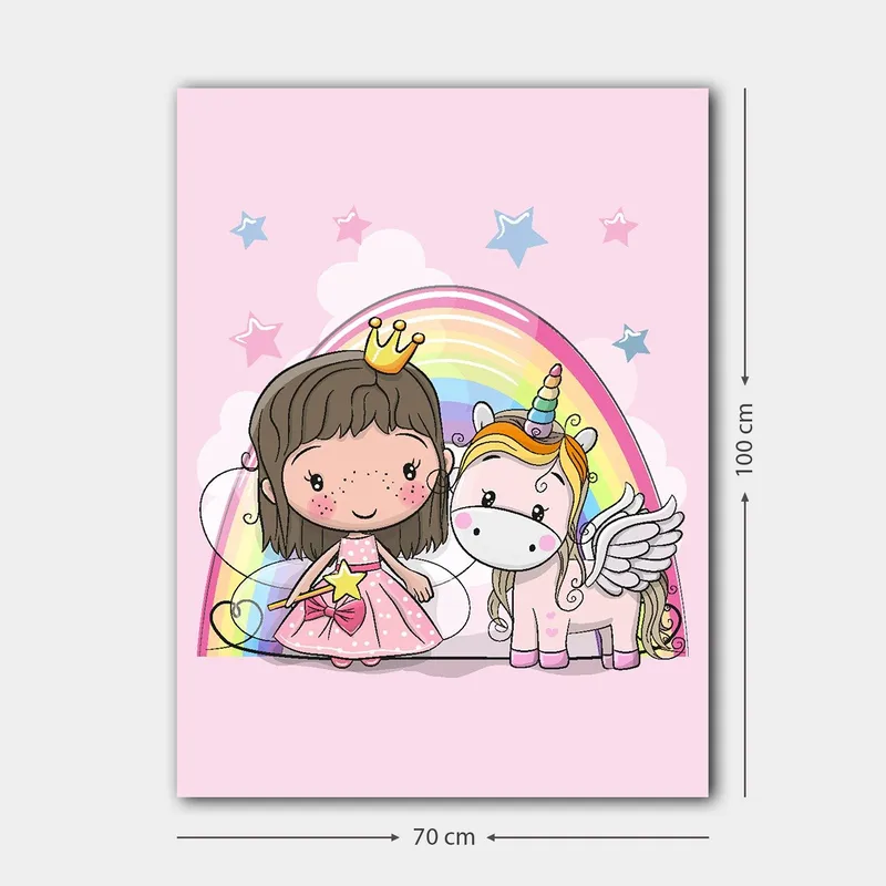 Canvastavla 70x100 cm - Söt prinsessa med en enhörning under en regnbåge - Rosa / Vit / Guld - Inredning - Tavlor & posters - Canvastavla