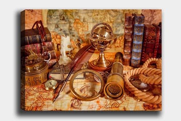 Canvastavla 70x100 cm - Samling av antika navigationsverktyg och böcker som skapar en nostalgisk känsla av upptäcktsresande - Guld / Brun / Beige - Inredning - Tavlor & posters - Canvastavla