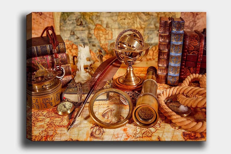 Canvastavla 70x100 cm - Samling av antika navigationsverktyg och böcker som skapar en nostalgisk känsla av upptäcktsresande, Guld / Brun / Beige