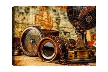 Canvastavla 70x100 cm - Samling av antika navigationsverktyg och en glob som symboliserar utforskning och äventyr - Brons / Svart / Beige - Inredning - Tavlor & posters - Canvastavla