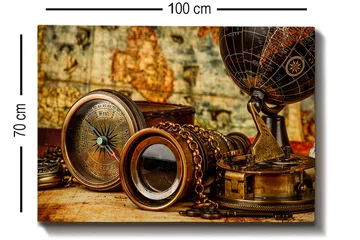 Canvastavla 70x100 cm - Samling av antika navigationsverktyg och en glob som symboliserar utforskning och äventyr - Brons / Svart / Beige - Inredning - Tavlor & posters - Canvastavla