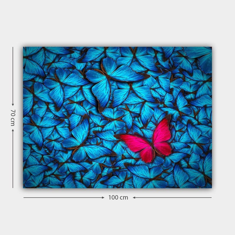 Canvastavla 70x100 cm - Samling av blå fjärilar med en framträdande rosa fjäril i mitten - Blå / Rosa - Inredning - Tavlor & posters - Canvastavla