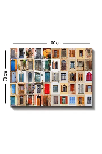 Canvastavla 70x100 cm - Samling av färgglada dörrar och fönster från olika byggnader som skapar en livfull och varierad komposition - Blå / Röd / Brun - Inredning - Tavlor & posters - Canvastavla