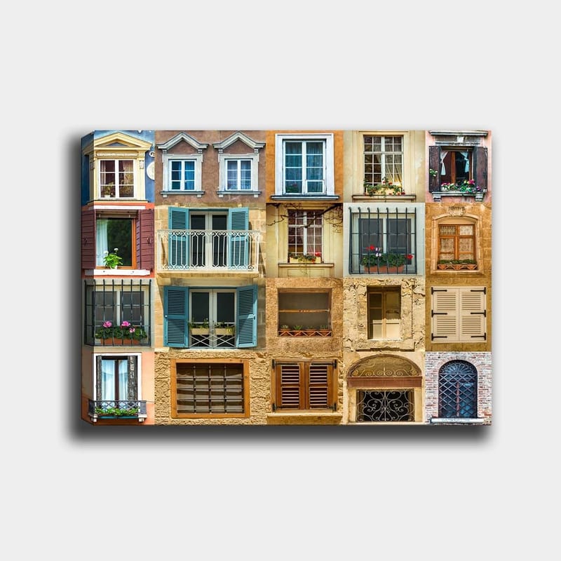 Canvastavla 70x100 cm - Samling av färgglada fönster och balkonger som visar olika arkitektoniska stilar - Guld / Blå / Terrakotta - Inredning - Tavlor & posters - Canvastavla