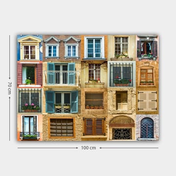 Canvastavla 70x100 cm - Samling av färgglada fönster och balkonger som visar olika arkitektoniska stilar - Guld / Blå / Terrakotta - Inredning - Tavlor & posters - Canvastavla
