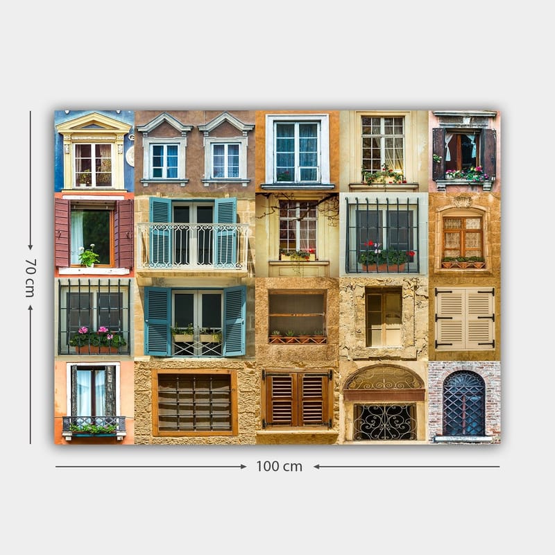 Canvastavla 70x100 cm - Samling av färgglada fönster och balkonger som visar olika arkitektoniska stilar - Guld / Blå / Terrakotta - Inredning - Tavlor & posters - Canvastavla