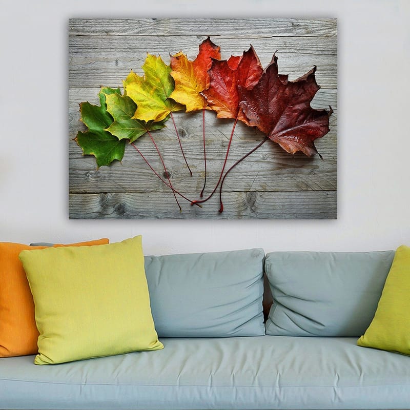 Canvastavla 70x100 cm - Samling av färgglada höstlöv i olika nyanser på en träyta - Grön / Gul / Röd - Inredning - Tavlor & posters - Canvastavla