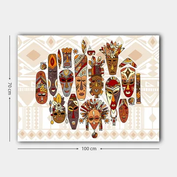 Canvastavla 70x100 cm - Samling av färgglada masker med olika ansiktsuttryck och detaljerade dekorationer - Röd / Brun / Beige - Inredning - Tavlor & posters - Canvastavla