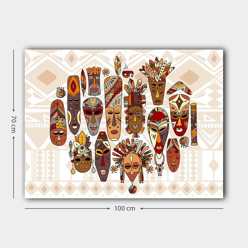 Canvastavla 70x100 cm - Samling av färgglada masker med olika ansiktsuttryck och detaljerade dekorationer - Röd / Brun / Beige - Inredning - Tavlor & posters - Canvastavla