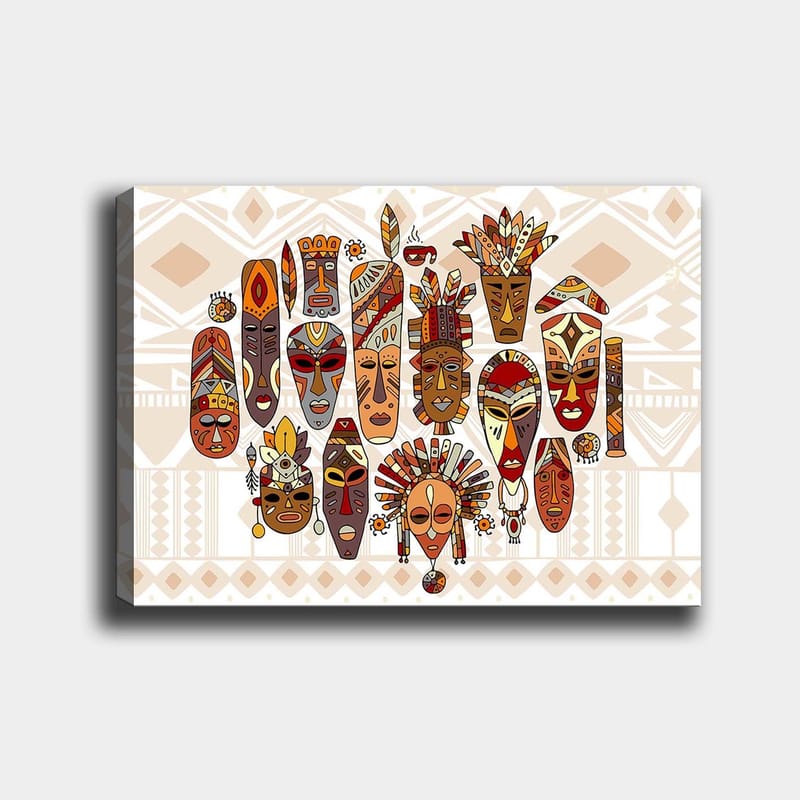 Canvastavla 70x100 cm - Samling av färgglada masker med olika ansiktsuttryck och detaljerade dekorationer - Röd / Brun / Beige - Inredning - Tavlor & posters - Canvastavla