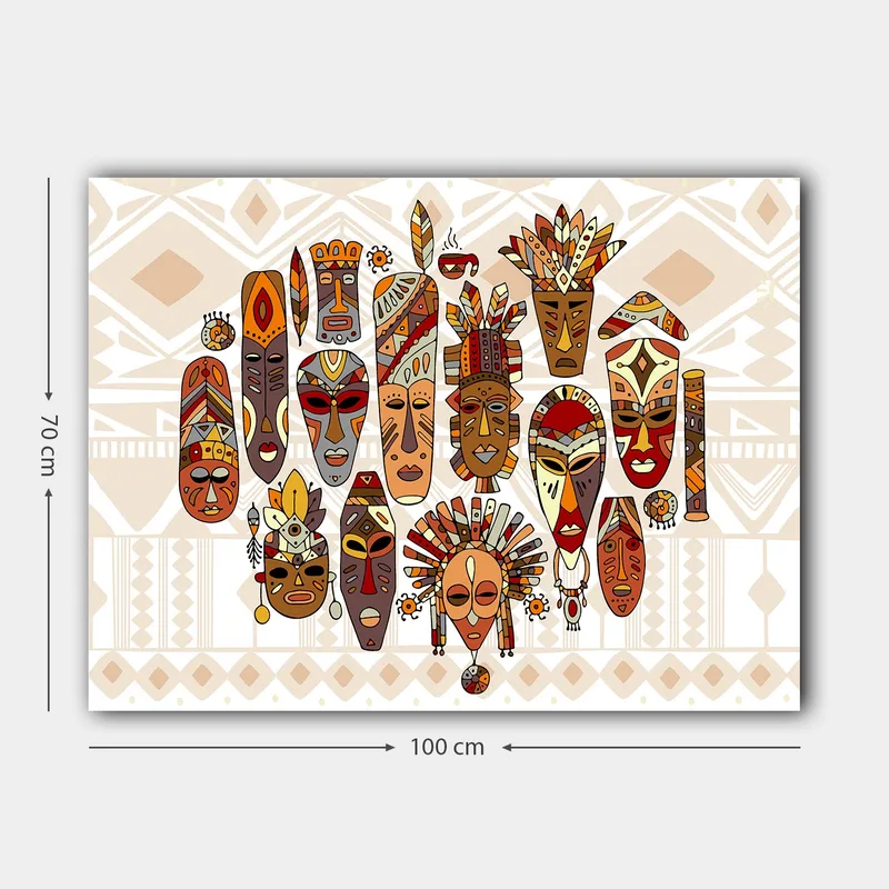 Canvastavla 70x100 cm - Samling av färgglada masker med olika ansiktsuttryck och detaljerade dekorationer - Röd / Brun / Beige - Inredning - Tavlor & posters - Canvastavla