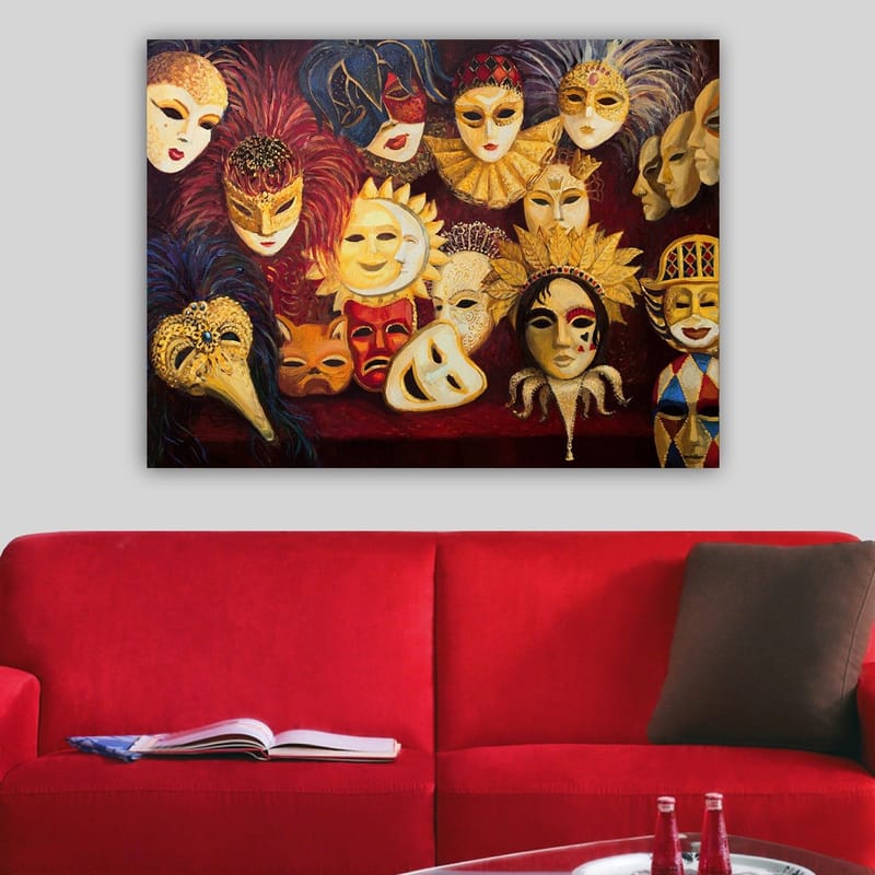 Canvastavla 70x100 cm - Samling av färgglada masker med olika uttryck och detaljer - Guld / Röd / Svart - Inredning - Tavlor & posters - Canvastavla