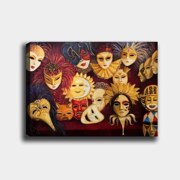Canvastavla 70x100 cm - Samling av färgglada masker med olika uttryck och detaljer - Guld / Röd / Svart - Inredning - Tavlor & posters - Canvastavla