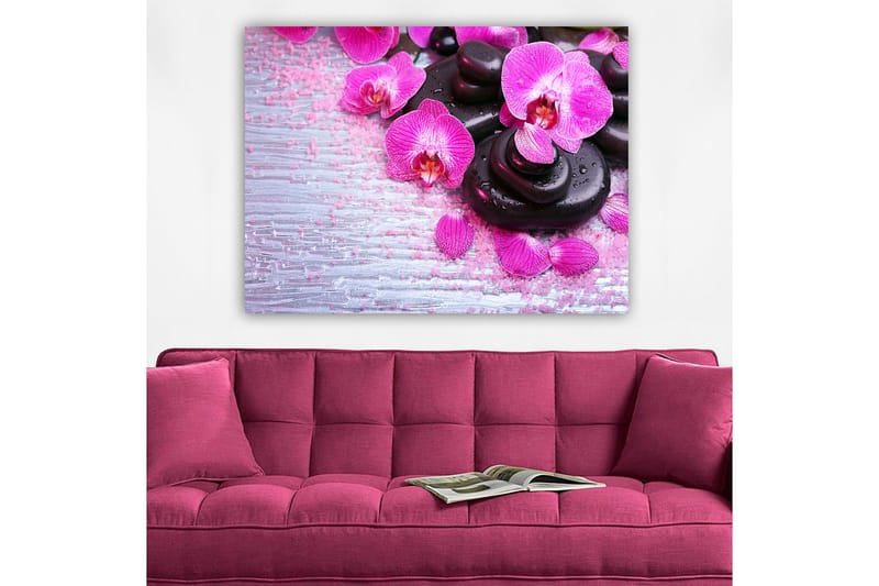 Canvastavla 70x100 cm - Samling av lila orkidéer och svarta stenar på en ljus bakgrund - Lila / Svart - Inredning - Tavlor & posters - Canvastavla