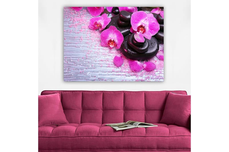 Canvastavla 70x100 cm - Samling av lila orkidéer och svarta stenar på en ljus bakgrund - Lila / Svart - Inredning - Tavlor & posters - Canvastavla