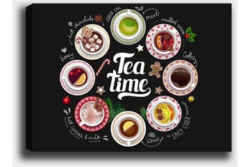 Canvastavla 70x100 cm - Samling av olika te- och kaffedrycker presenterade i skålar med dekorationer - Röd / Vit / Grön - Inredning - Tavlor & posters - Canvastavla