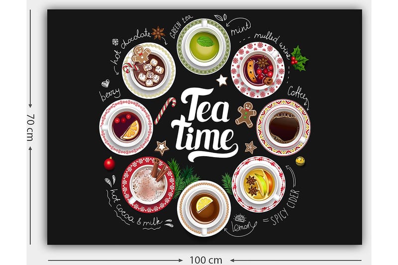 Canvastavla 70x100 cm - Samling av olika te- och kaffedrycker presenterade i skålar med dekorationer - Röd / Vit / Grön - Inredning - Tavlor & posters - Canvastavla