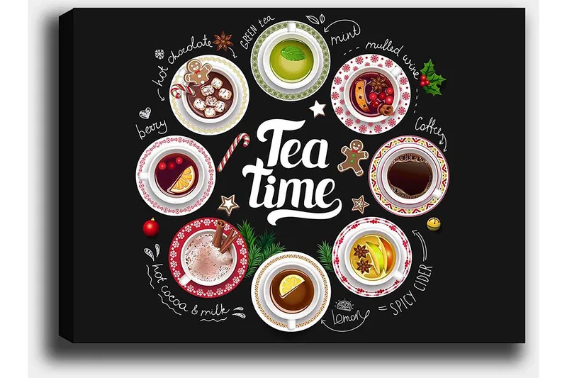 Canvastavla 70x100 cm - Samling av olika te- och kaffedrycker presenterade i skålar med dekorationer - Röd / Vit / Grön - Inredning - Tavlor & posters - Canvastavla