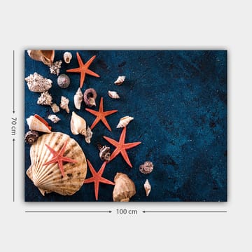 Canvastavla 70x100 cm - Samling av snäckor och sjöstjärnor på en djupblå yta - Djupblå / Röd / Beige - Inredning - Tavlor & posters - Canvastavla