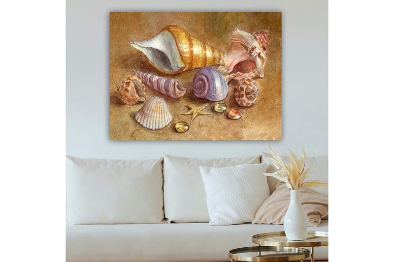 Canvastavla 70x100 cm - Samling av snäckor och stenar i mjuka, naturliga färger - Beige / Lila / Orange - Inredning - Tavlor & posters - Canvastavla