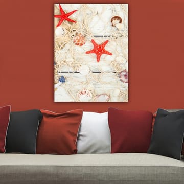 Canvastavla 70x100 cm - Samling av snäckor och stjärnformade sjöstjärnor på ett nät - Röd / Beige / Vit - Inredning - Tavlor & posters - Canvastavla