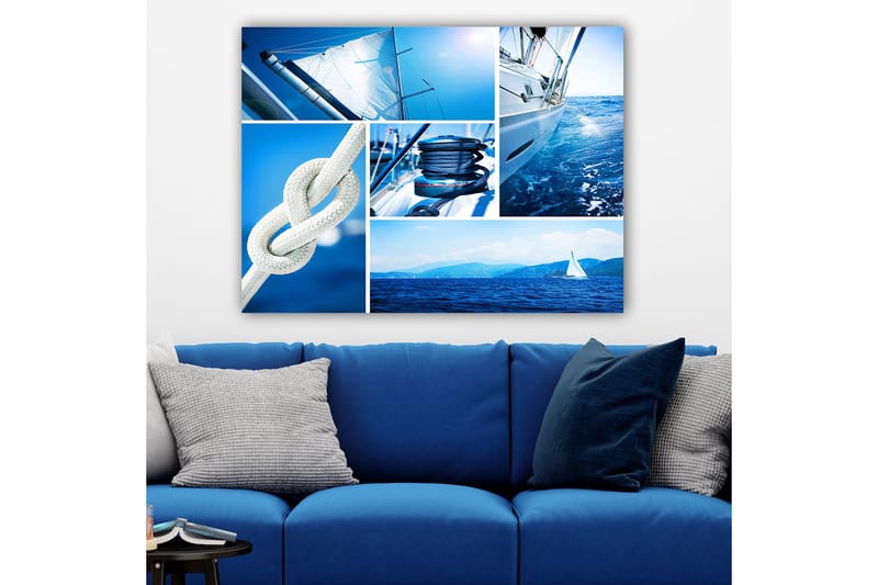Canvastavla 70x100 cm - Sammansättning av maritima motiv med segelbåtar och rep i olika blå nyanser - Blå / Vit - Inredning - Tavlor & posters - Canvastavla