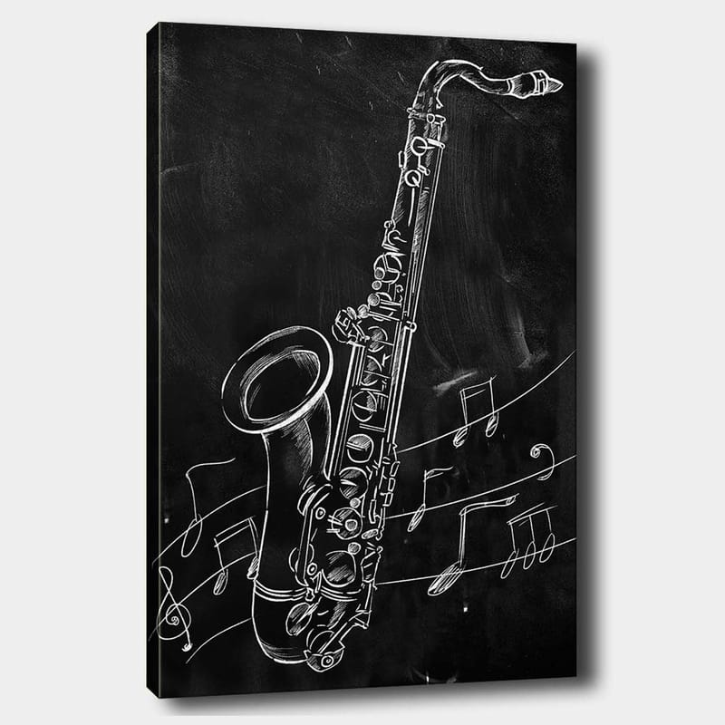 Canvastavla 70x100 cm - Saxofon omgiven av musiknoter på en svart bakgrund - Vit / Svart - Inredning - Tavlor & posters - Canvastavla