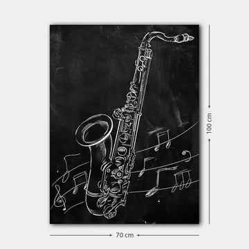 Canvastavla 70x100 cm - Saxofon omgiven av musiknoter på en svart bakgrund - Vit / Svart - Inredning - Tavlor & posters - Canvastavla