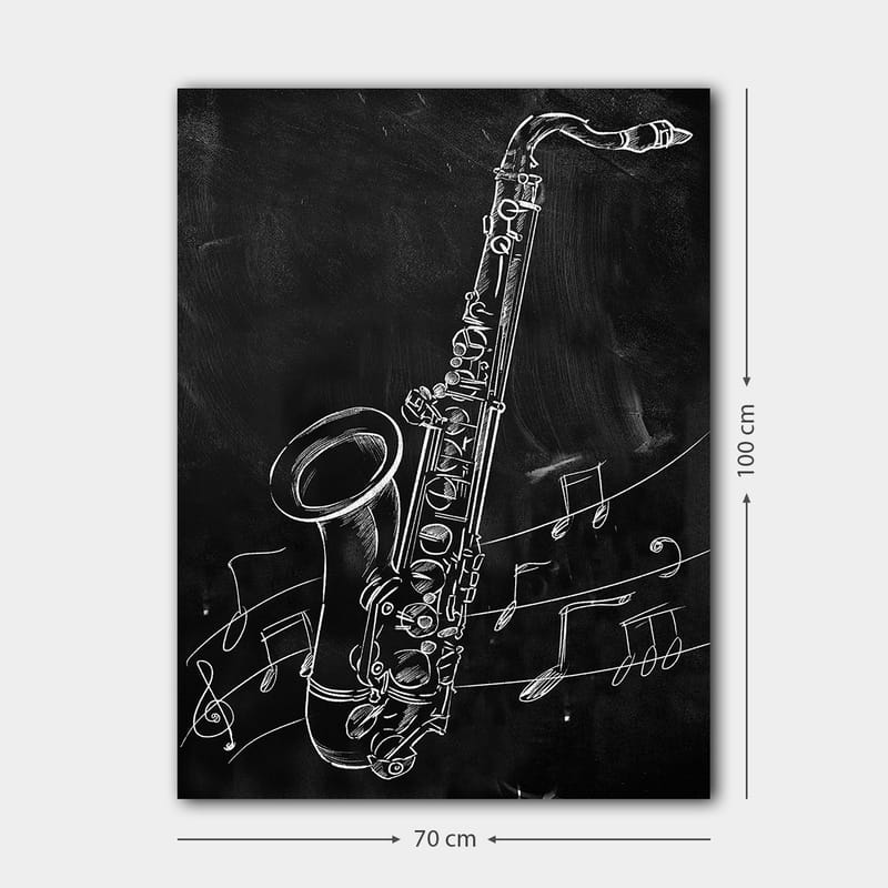 Canvastavla 70x100 cm - Saxofon omgiven av musiknoter på en svart bakgrund - Vit / Svart - Inredning - Tavlor & posters - Canvastavla