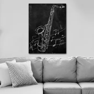 Canvastavla 70x100 cm - Saxofon omgiven av musiknoter på en svart bakgrund - Vit / Svart - Inredning - Tavlor & posters - Canvastavla