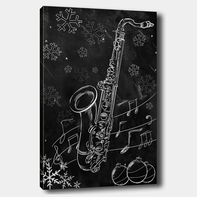 Canvastavla 70x100 cm - Saxofon omgiven av snöflingor och musiknoter i en vinterlig atmosfär, Vit / Svart / Grå