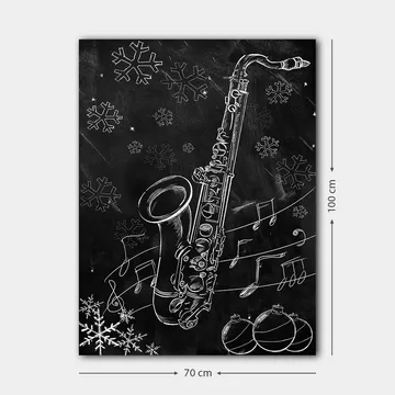 Canvastavla 70x100 cm - Saxofon omgiven av snöflingor och musiknoter i en vinterlig atmosfär - Vit / Svart / Grå - Inredning - Tavlor & posters - Canvastavla