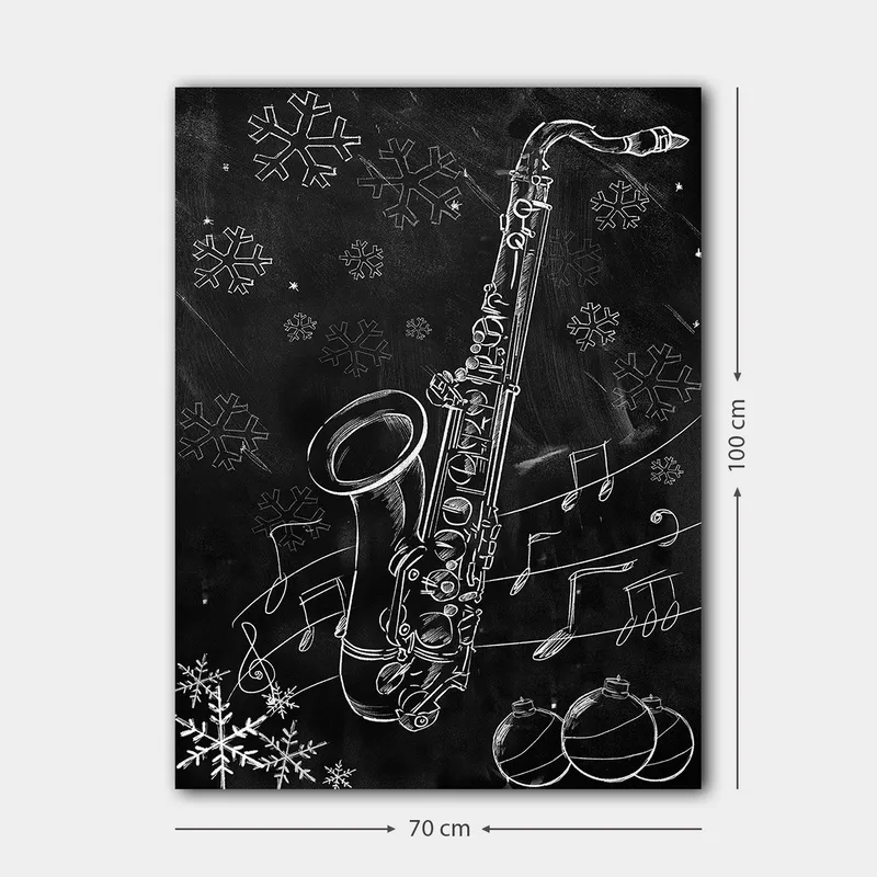 Canvastavla 70x100 cm - Saxofon omgiven av snöflingor och musiknoter i en vinterlig atmosfär - Vit / Svart / Grå - Inredning - Tavlor & posters - Canvastavla
