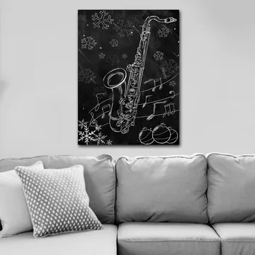 Canvastavla 70x100 cm - Saxofon omgiven av snöflingor och musiknoter i en vinterlig atmosfär - Vit / Svart / Grå - Inredning - Tavlor & posters - Canvastavla