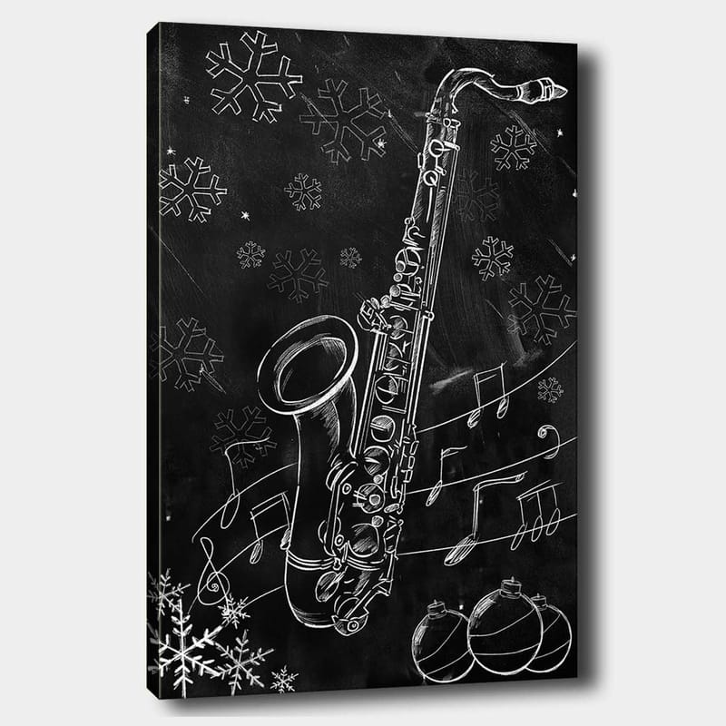 Canvastavla 70x100 cm - Saxofon omgiven av snöflingor och musiknoter i en vinterlig atmosfär, Vit / Svart / Grå