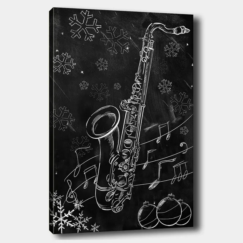 Canvastavla 70x100 cm - Saxofon omgiven av snöflingor och musiknoter i en vinterlig atmosfär, Vit / Svart / Grå