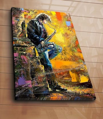 Canvastavla 70x100 cm - Saxofonist som spelar med passion i en färgsprakande miljö - Gult / Blått / Svart - Inredning - Tavlor & posters - Canvastavla