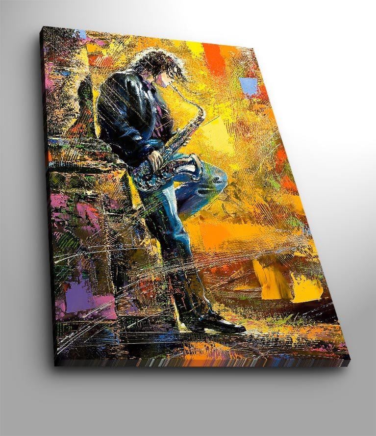Canvastavla 70x100 cm - Saxofonist som spelar med passion i en färgsprakande miljö - Gult / Blått / Svart - Inredning - Tavlor & posters - Canvastavla