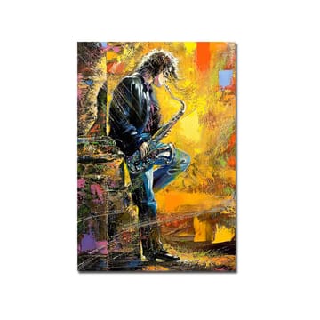 Canvastavla 70x100 cm - Saxofonist som spelar med passion i en färgsprakande miljö - Gult / Blått / Svart - Inredning - Tavlor & posters - Canvastavla