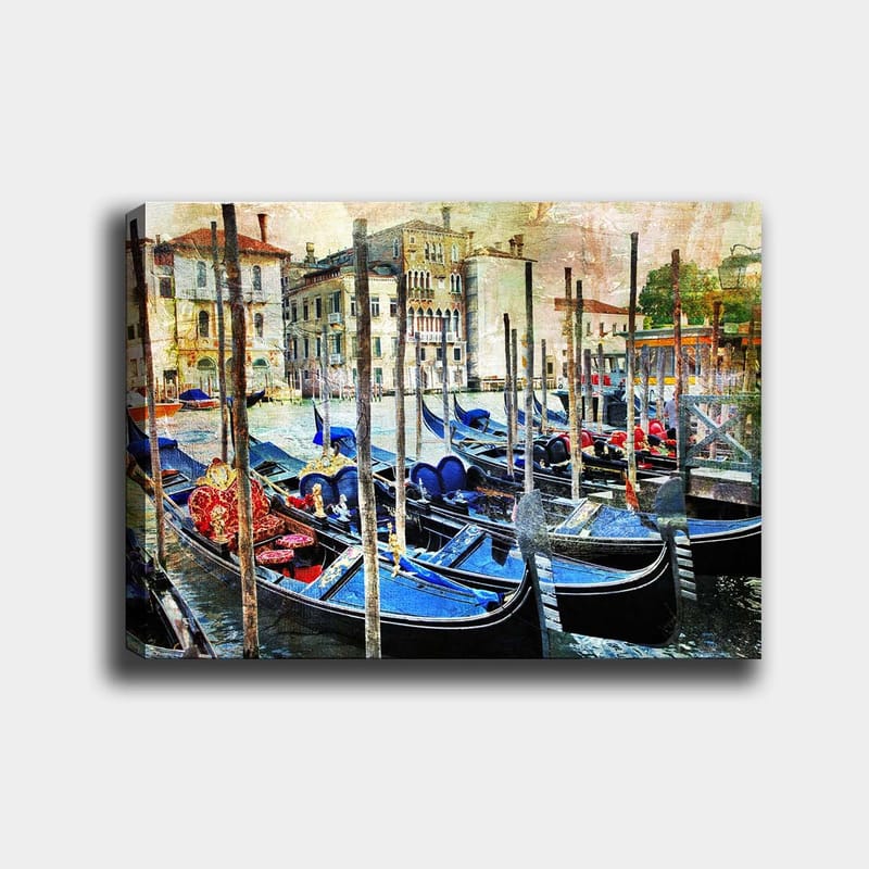 Canvastavla 70x100 cm - Scen med gondoler i en venetiansk kanal, omgiven av historiska byggnader, Blå / Röd / Svart