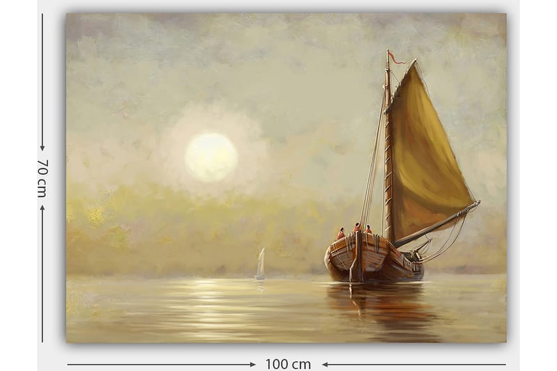 Canvastavla 70x100 cm - Segelbåt med bruna detaljer och en stor gul segel i en stilla sjö under en mjuk soluppgång - Gul / Brun / Beige - Inredning - Tavlor & posters - Canvastavla