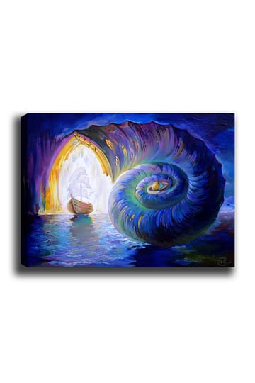 Canvastavla 70x100 cm - Segelbåt navigerar genom en stor snäcka som öppnar sig mot en ljusare värld - Blå / Grön / Lila - Inredning - Tavlor & posters - Canvastavla