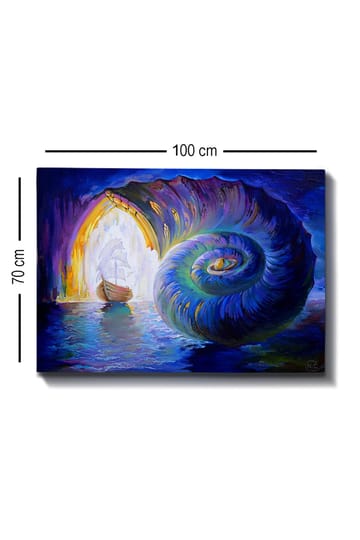 Canvastavla 70x100 cm - Segelbåt navigerar genom en stor snäcka som öppnar sig mot en ljusare värld - Blå / Grön / Lila - Inredning - Tavlor & posters - Canvastavla