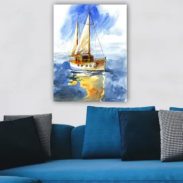 Canvastavla 70x100 cm - Segelbåt som glider fram över det glittrande vattnet under en klar himmel - Blå / Vit / Beige - Inredning - Tavlor & posters - Canvastavla