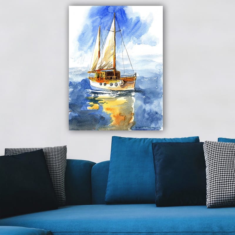 Canvastavla 70x100 cm - Segelbåt som glider fram över det glittrande vattnet under en klar himmel - Blå / Vit / Beige - Inredning - Tavlor & posters - Canvastavla