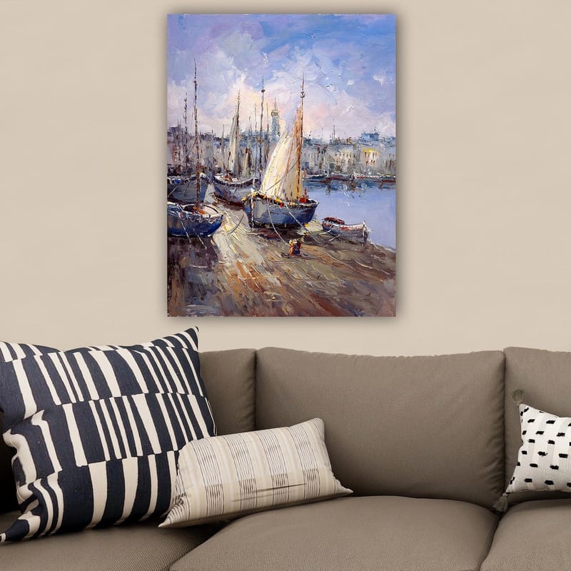 Canvastavla 70x100 cm - Segelbåtar i hamn under en klar himmel - Blå / Vit / Beige - Inredning - Tavlor & posters - Canvastavla